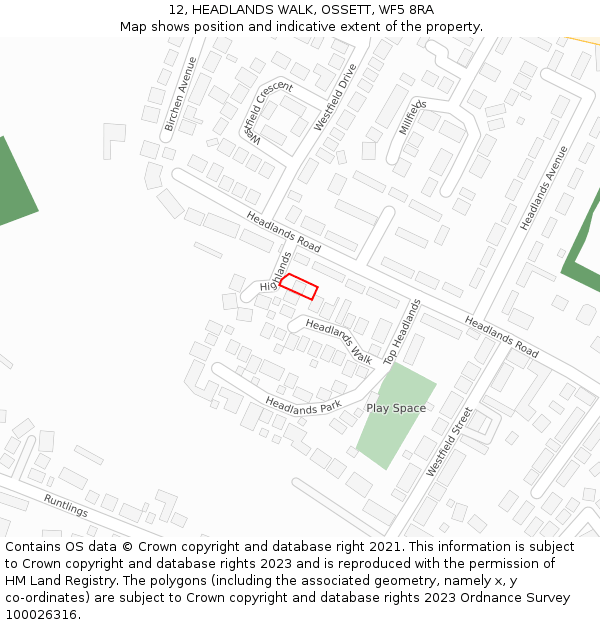 12, HEADLANDS WALK, OSSETT, WF5 8RA: Location map and indicative extent of plot