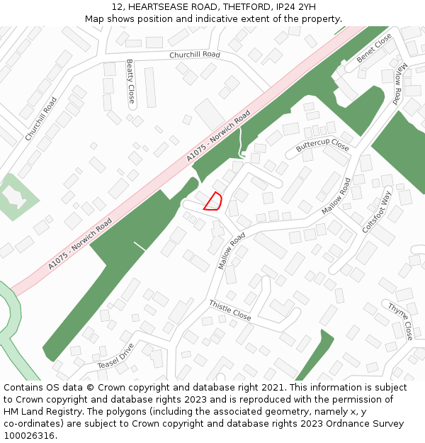 12, HEARTSEASE ROAD, THETFORD, IP24 2YH: Location map and indicative extent of plot