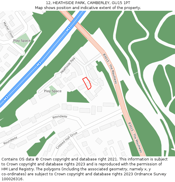 12, HEATHSIDE PARK, CAMBERLEY, GU15 1PT: Location map and indicative extent of plot