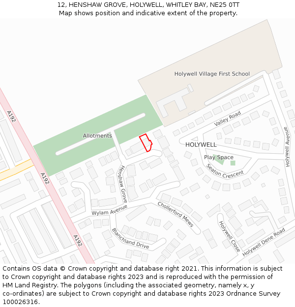 12, HENSHAW GROVE, HOLYWELL, WHITLEY BAY, NE25 0TT: Location map and indicative extent of plot