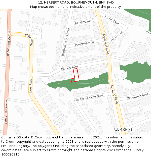 12, HERBERT ROAD, BOURNEMOUTH, BH4 8HD: Location map and indicative extent of plot