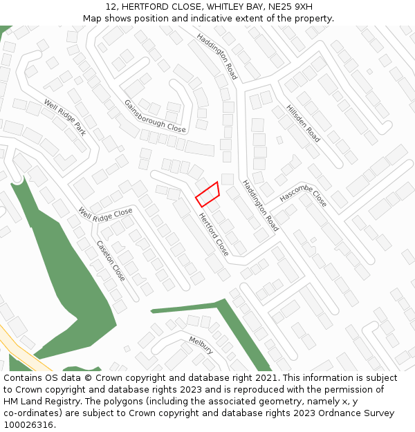 12, HERTFORD CLOSE, WHITLEY BAY, NE25 9XH: Location map and indicative extent of plot