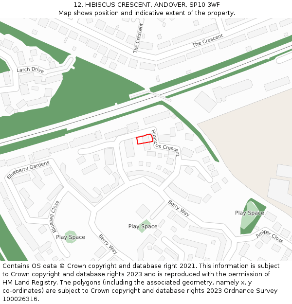 12, HIBISCUS CRESCENT, ANDOVER, SP10 3WF: Location map and indicative extent of plot