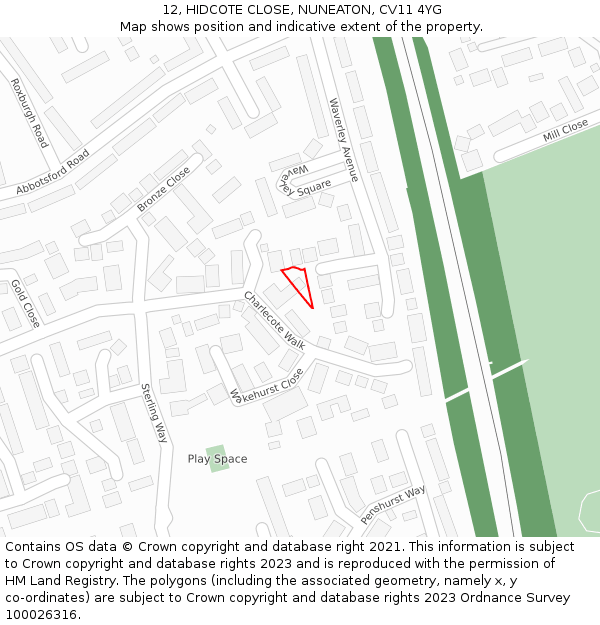 12, HIDCOTE CLOSE, NUNEATON, CV11 4YG: Location map and indicative extent of plot