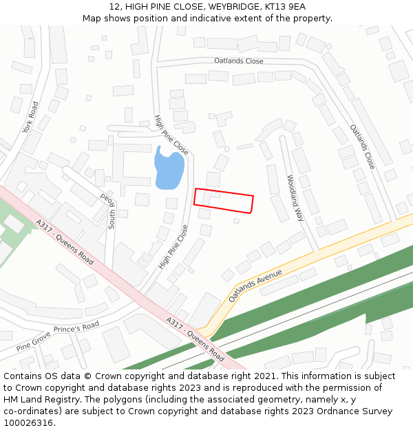 12, HIGH PINE CLOSE, WEYBRIDGE, KT13 9EA: Location map and indicative extent of plot