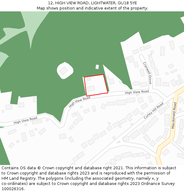 12, HIGH VIEW ROAD, LIGHTWATER, GU18 5YE: Location map and indicative extent of plot