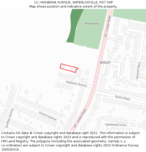 12, HIGHBANK AVENUE, WATERLOOVILLE, PO7 5AP: Location map and indicative extent of plot