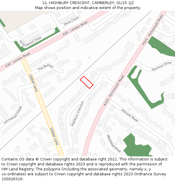 12, HIGHBURY CRESCENT, CAMBERLEY, GU15 1JZ: Location map and indicative extent of plot