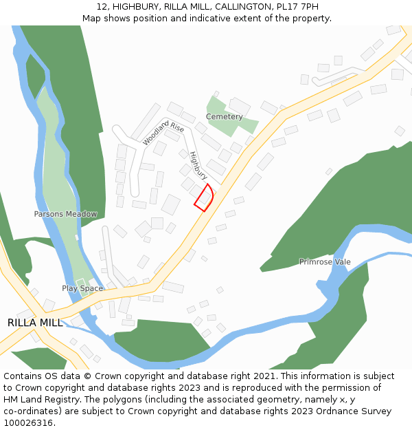 12, HIGHBURY, RILLA MILL, CALLINGTON, PL17 7PH: Location map and indicative extent of plot