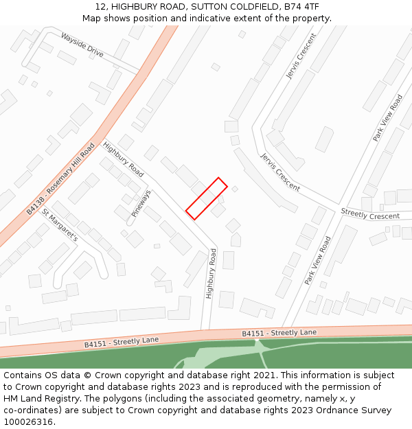 12, HIGHBURY ROAD, SUTTON COLDFIELD, B74 4TF: Location map and indicative extent of plot