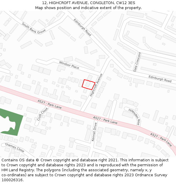 12, HIGHCROFT AVENUE, CONGLETON, CW12 3ES: Location map and indicative extent of plot