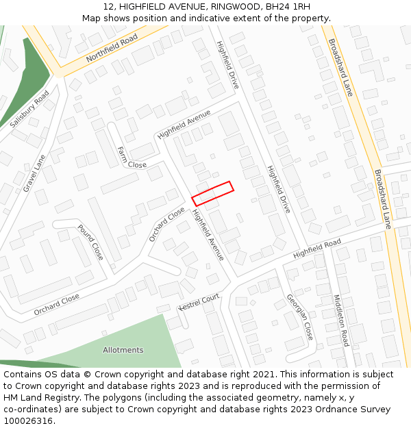 12, HIGHFIELD AVENUE, RINGWOOD, BH24 1RH: Location map and indicative extent of plot