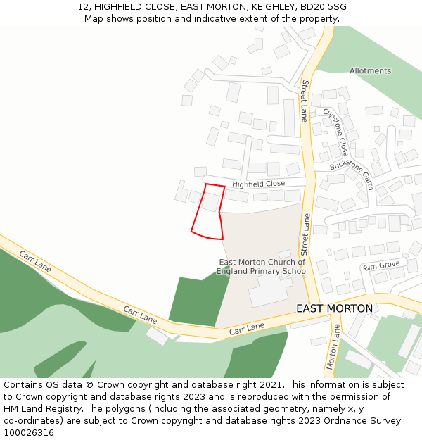 12, HIGHFIELD CLOSE, EAST MORTON, KEIGHLEY, BD20 5SG: Location map and indicative extent of plot