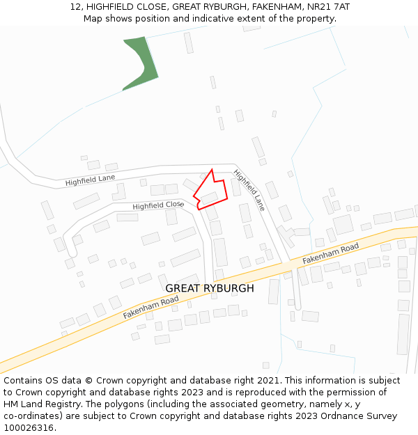 12, HIGHFIELD CLOSE, GREAT RYBURGH, FAKENHAM, NR21 7AT: Location map and indicative extent of plot