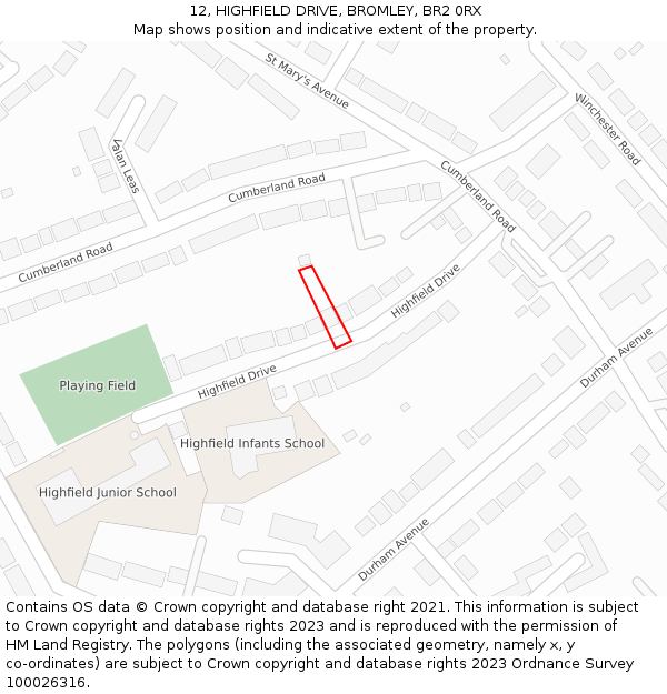 12, HIGHFIELD DRIVE, BROMLEY, BR2 0RX: Location map and indicative extent of plot