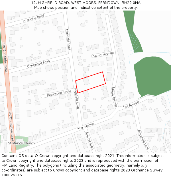 12, HIGHFIELD ROAD, WEST MOORS, FERNDOWN, BH22 0NA: Location map and indicative extent of plot