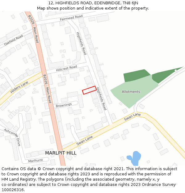 12, HIGHFIELDS ROAD, EDENBRIDGE, TN8 6JN: Location map and indicative extent of plot