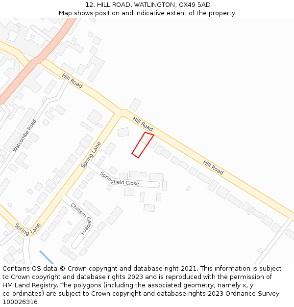 12, HILL ROAD, WATLINGTON, OX49 5AD: Location map and indicative extent of plot