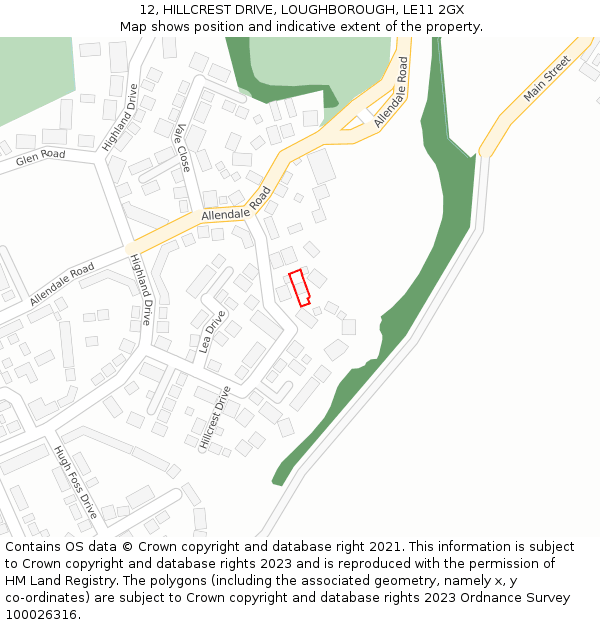 12, HILLCREST DRIVE, LOUGHBOROUGH, LE11 2GX: Location map and indicative extent of plot