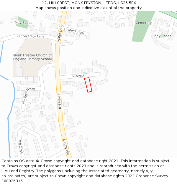 12, HILLCREST, MONK FRYSTON, LEEDS, LS25 5EX: Location map and indicative extent of plot