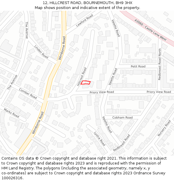 12, HILLCREST ROAD, BOURNEMOUTH, BH9 3HX: Location map and indicative extent of plot