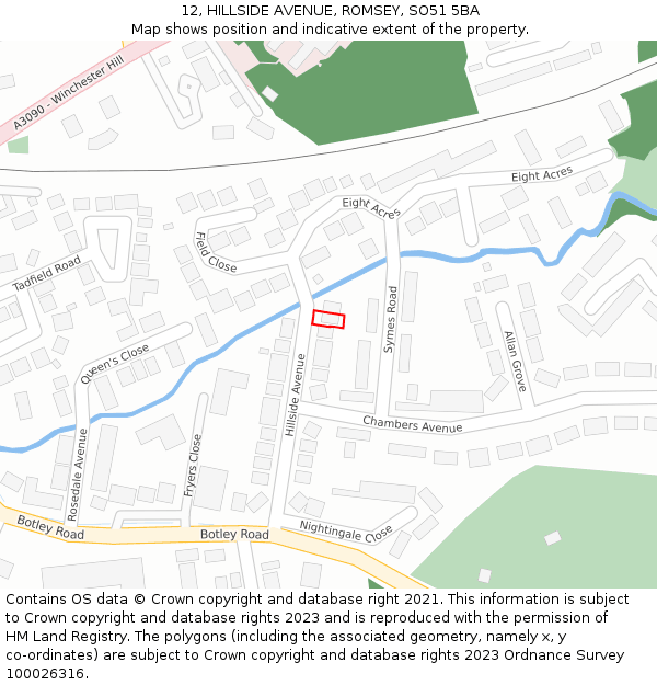 12, HILLSIDE AVENUE, ROMSEY, SO51 5BA: Location map and indicative extent of plot