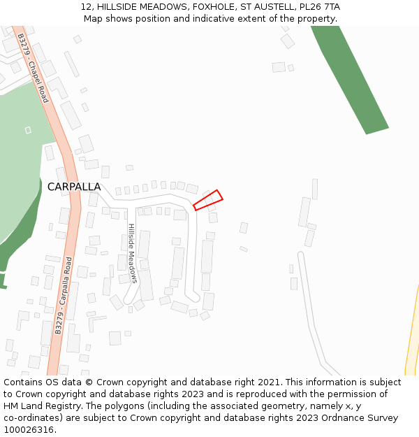 12, HILLSIDE MEADOWS, FOXHOLE, ST AUSTELL, PL26 7TA: Location map and indicative extent of plot