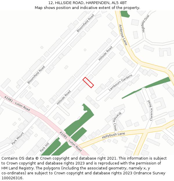 12, HILLSIDE ROAD, HARPENDEN, AL5 4BT: Location map and indicative extent of plot