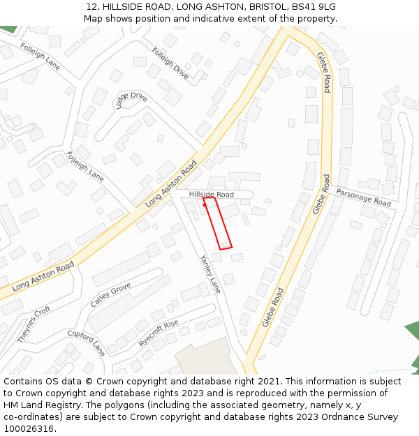 12, HILLSIDE ROAD, LONG ASHTON, BRISTOL, BS41 9LG: Location map and indicative extent of plot