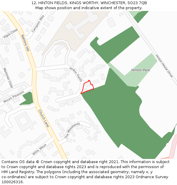 12, HINTON FIELDS, KINGS WORTHY, WINCHESTER, SO23 7QB: Location map and indicative extent of plot