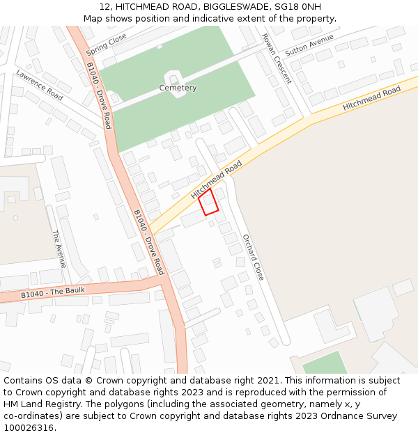 12, HITCHMEAD ROAD, BIGGLESWADE, SG18 0NH: Location map and indicative extent of plot
