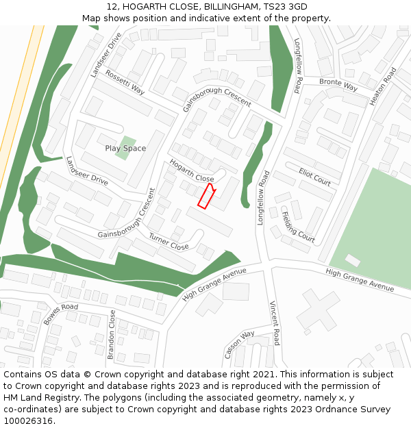 12, HOGARTH CLOSE, BILLINGHAM, TS23 3GD: Location map and indicative extent of plot