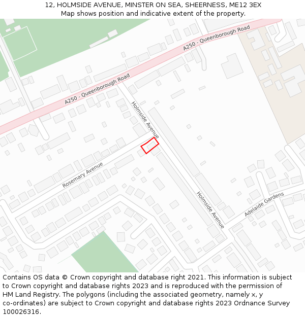 12, HOLMSIDE AVENUE, MINSTER ON SEA, SHEERNESS, ME12 3EX: Location map and indicative extent of plot