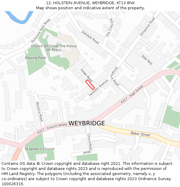 12, HOLSTEIN AVENUE, WEYBRIDGE, KT13 8NX: Location map and indicative extent of plot