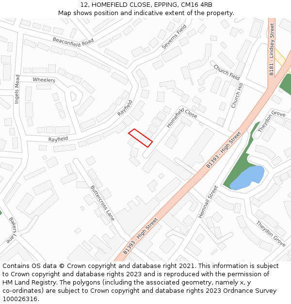 12, HOMEFIELD CLOSE, EPPING, CM16 4RB: Location map and indicative extent of plot