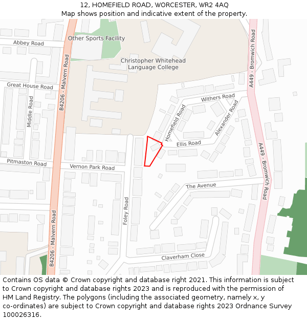 12, HOMEFIELD ROAD, WORCESTER, WR2 4AQ: Location map and indicative extent of plot