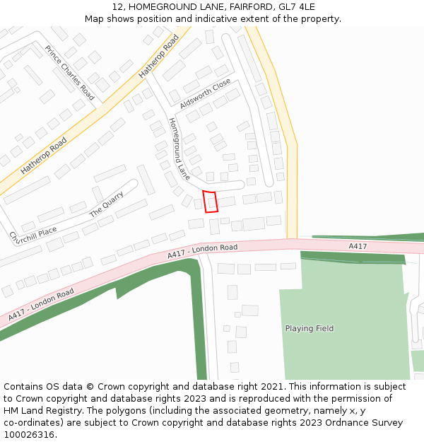 12, HOMEGROUND LANE, FAIRFORD, GL7 4LE: Location map and indicative extent of plot