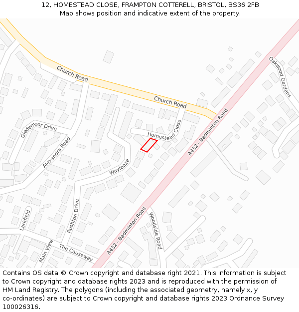 12, HOMESTEAD CLOSE, FRAMPTON COTTERELL, BRISTOL, BS36 2FB: Location map and indicative extent of plot