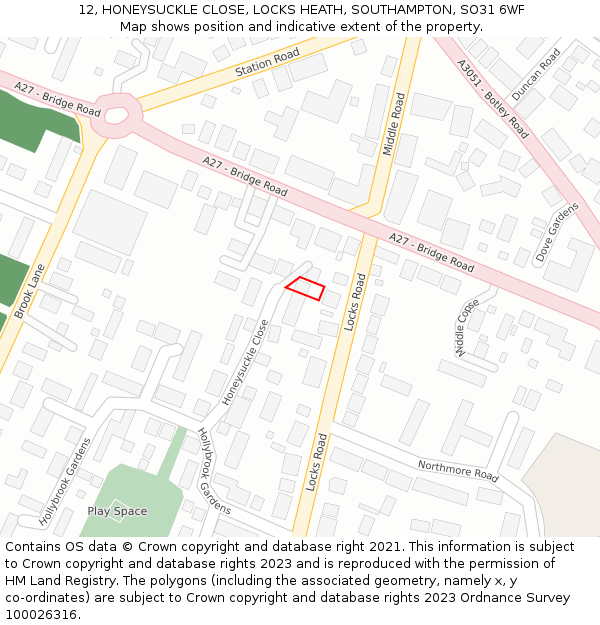 12, HONEYSUCKLE CLOSE, LOCKS HEATH, SOUTHAMPTON, SO31 6WF: Location map and indicative extent of plot