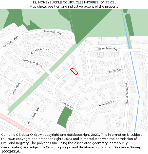 12, HONEYSUCKLE COURT, CLEETHORPES, DN35 0SL: Location map and indicative extent of plot