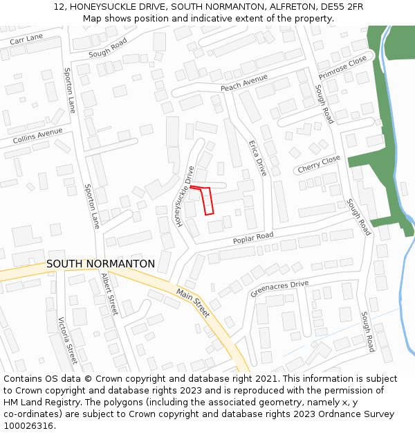 12, HONEYSUCKLE DRIVE, SOUTH NORMANTON, ALFRETON, DE55 2FR: Location map and indicative extent of plot