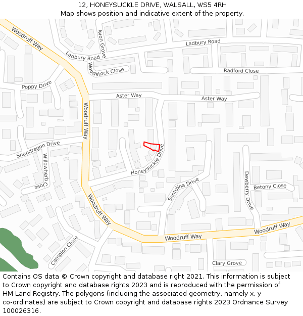 12, HONEYSUCKLE DRIVE, WALSALL, WS5 4RH: Location map and indicative extent of plot