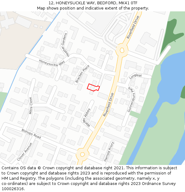 12, HONEYSUCKLE WAY, BEDFORD, MK41 0TF: Location map and indicative extent of plot