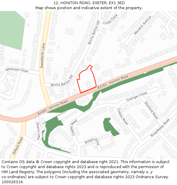 12, HONITON ROAD, EXETER, EX1 3ED: Location map and indicative extent of plot