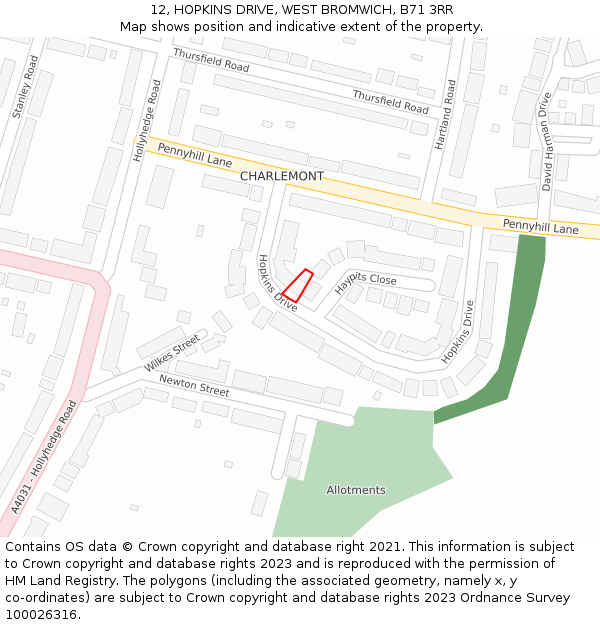 12, HOPKINS DRIVE, WEST BROMWICH, B71 3RR: Location map and indicative extent of plot