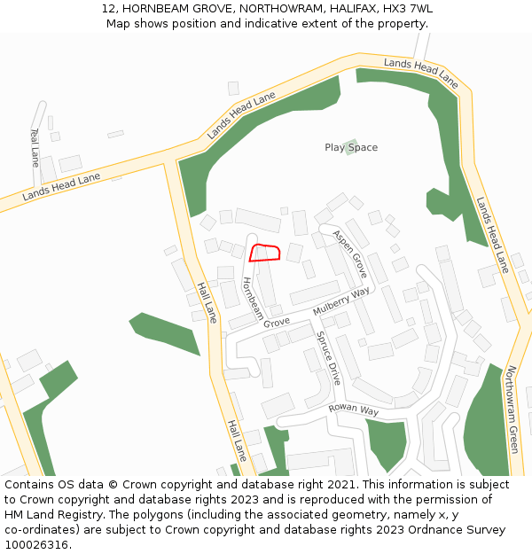 12, HORNBEAM GROVE, NORTHOWRAM, HALIFAX, HX3 7WL: Location map and indicative extent of plot