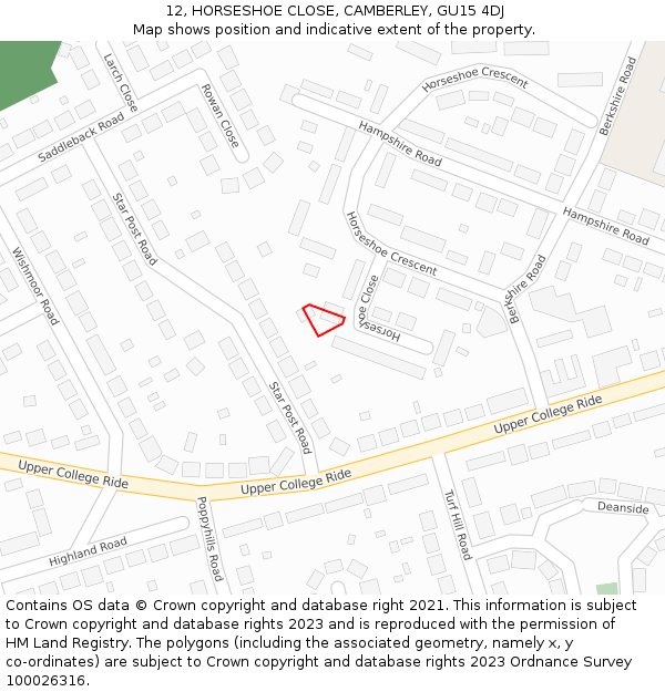 12, HORSESHOE CLOSE, CAMBERLEY, GU15 4DJ: Location map and indicative extent of plot