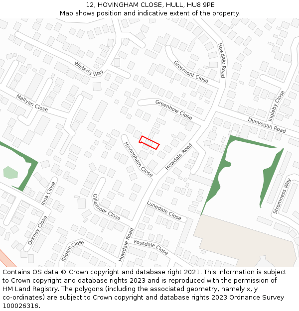 12, HOVINGHAM CLOSE, HULL, HU8 9PE: Location map and indicative extent of plot