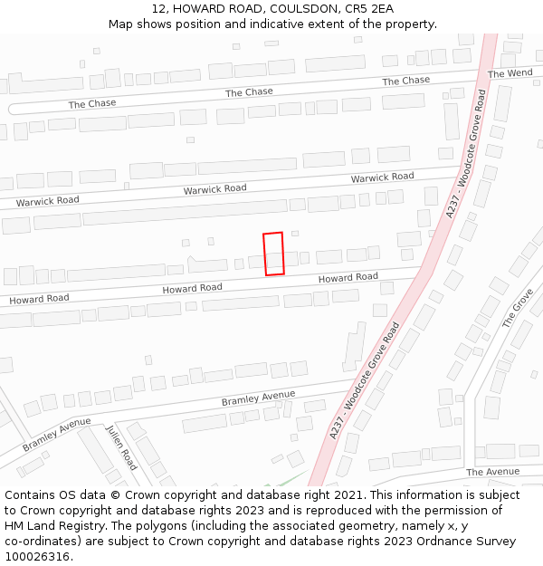 12, HOWARD ROAD, COULSDON, CR5 2EA: Location map and indicative extent of plot