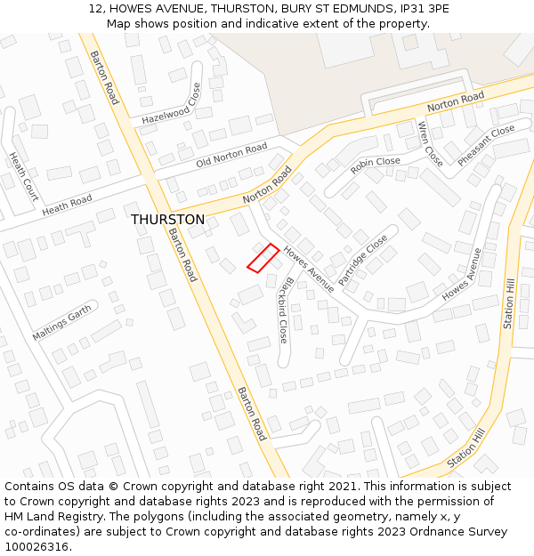 12, HOWES AVENUE, THURSTON, BURY ST EDMUNDS, IP31 3PE: Location map and indicative extent of plot